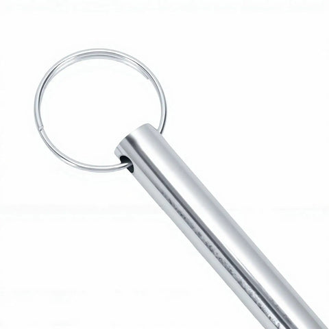 Close-up of heavy-duty stainless steel weight stack pin for commercial gyms and home fitness, showing the locking mechanism and smooth finish.