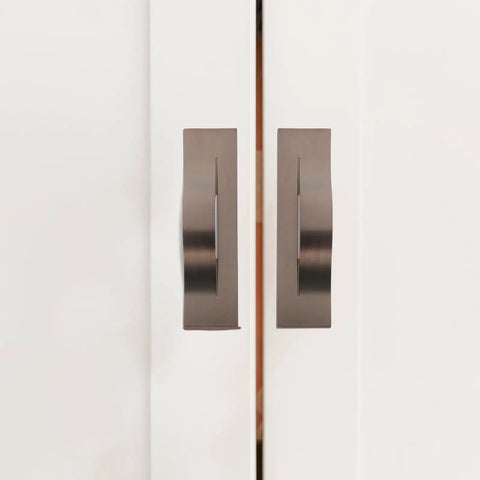Modern Orb Finish Invisible Cabinet Drawer Pull Handle For Kitchen And Bath, 64mm center to center, on white doors