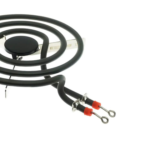 Four Piece Surface Burner Element Replacement Set for GE Hotpoint Stoves 6 Inch WB30X254 and 8 Inch WB30X253 Elements 1250W and 2100W Easy Install Kit, showing a 6-inch element closeup with connectors.