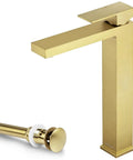 Gold Vessel Sink Faucet in Brushed Gold Finish, Tall Single Hole Bathroom Faucet With One Handle and Pop Up Drain, Solid Brass Construction