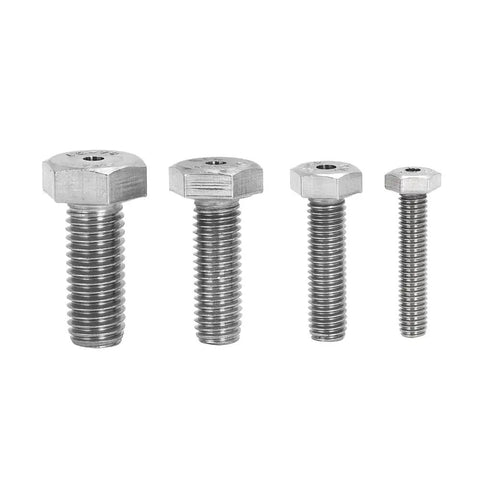 Stainless Steel Drill Guide Kit For Broken Studs 25mm Guide with M6, M8, M10, M12 bolts shown in size comparison for industrial use.