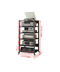 Top Shelf Corner TV Stand Heavy Duty Six Tier Wooden Entertainment Center with AV gear and gaming equipment in corner setup.