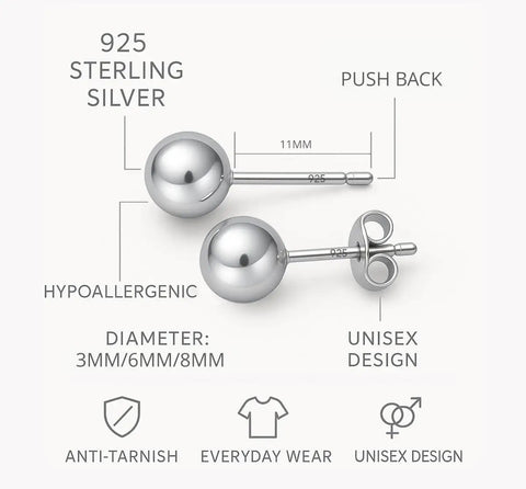 Three Piece Set Of 925 Sterling Silver Ball Post Stud Earrings In 3mm 6mm And 8mm Sizes A Classic Minimalist Gift For Teens And Ladies Who Love Everyday Shine., 925 sterling silver ball stud earring with push back, 3mm/6mm/8mm
