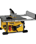Badass Cordless Table Saw With 8 Inch Blade And 24 Inch Rip Capacity Featuring Flexvolt Auto Voltage Switching Battery Power and Precision Rack Pinion Fence Setup in a shop.
