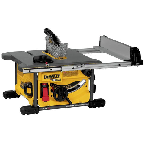 Badass Cordless Table Saw With 8 Inch Blade And 24 Inch Rip Capacity Featuring Flexvolt Auto Voltage Switching Battery Power and Precision Rack Pinion Fence Setup in a shop.