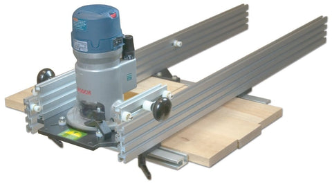 27 Inch Router Sled For Planing And Slab Flattening With Ultra Track Aluminum Rails, showing device on wooden panel.
