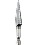 Heavy Duty High Speed Steel Step Drill Bit Built Tough For Reliable Panel Knockouts And Clean Hole Prep Goes Straight Through Metal Plastic Wood And Brass With Precision In One Eighth To Half Inch Range, showing multiple size steps.