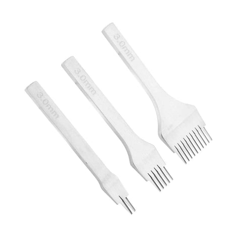 3 2 5 10 Prong Leather Punch Tool Set Pro Grade With White Steel Chisel Kit showing 3 prong sizes