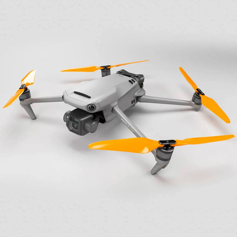 Orange propellers on DJI Mavic 3 featuring Stealth Propellers For DJI Mavic 3 Series Orange 4 Pack Low Noise Up To 2 dB Reduction And 37 Percent Sound Power Reduction Plus About 2 Minutes Longer Flight Time And Improved Efficiency.