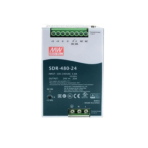 Beefy 24V Power Supply 480W 20A High Power Stable Output for Sensitive Semiconductor Equipment Rock Solid 24 Volt Supply for Precision Manufacturing UL508 Certified Efficient and Durable Mean Well SDR-480-24