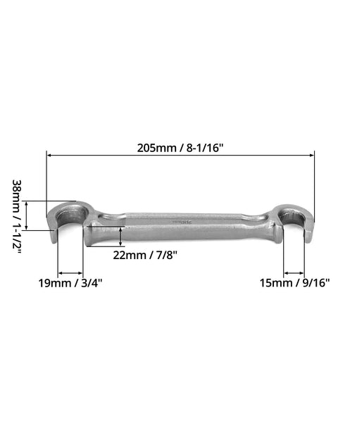 Heavy Duty Valve Wheel Wrench With Dual Ends For Eleven Sixteenths And One Inch Sizes, steel construction, 8 inch length
