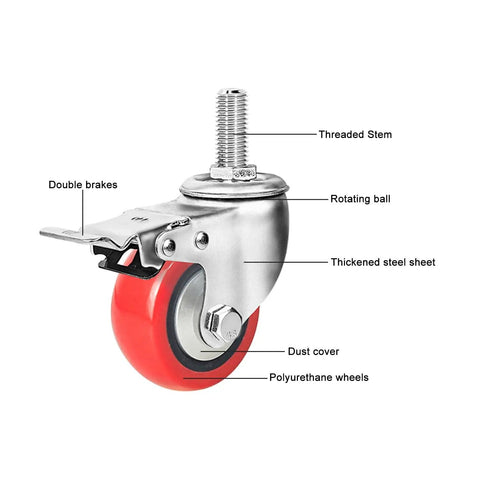 Heavy Duty Swivel Caster Wheels With Brakes PU Castors M Threaded Stem 360 Degree Rotation For Furniture Workbenches Carts