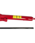Red 8-ton hydraulic long-ram jack with clevis base and exposed piston rod