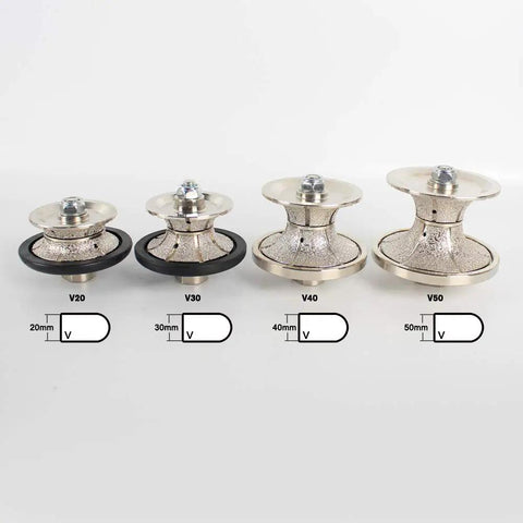 20mm Full Bullnose Diamond Router Bit For Granite Countertops With 5/8-11 Thread Vacuum Brazed Edge next to larger V30, V40, V50 bits