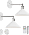 Set Of Two Battery Operated Wall Sconces With Remote Control, no wiring needed, includes LED lights and remotes, white finish