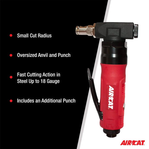 Red and black heavy-duty 18 gauge nibbler sheet metal cutter tool for auto body and ductwork projects, shown with fast cutting features.