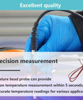 Bead-type Type K thermocouple probe with clamp for Fluke multimeter, black cable, held by gloved hand