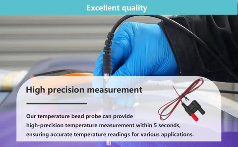 Bead-type Type K thermocouple probe with clamp for Fluke multimeter, black cable, held by gloved hand