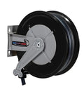 Professional Heavy Duty Automatic Grease Reel Featuring Slick Swivel Joint And Synthetic Rubber Hose 3 8 Inch 100 Feet mounted on wall.