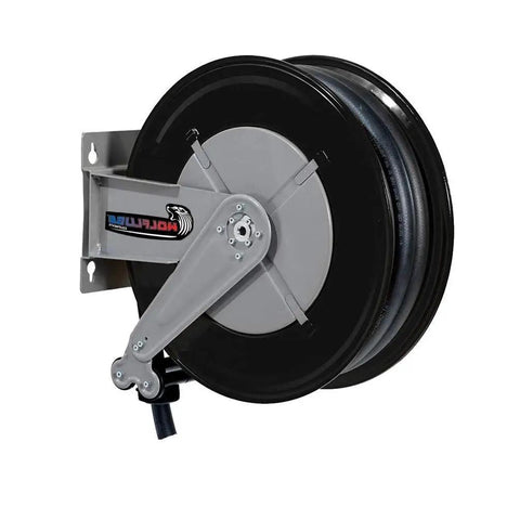 Automatic Grease Hose Reel Delivering Sixty Feet Of Hella Durable Black Rubber Tubing With Tough Galvanized Connections And A Snappy Swivel Joint Built For Heavy Duty Grind mounted on wall.
