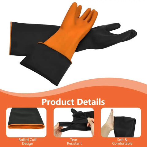 Tough As Nails 22 Inch Heavy Duty Rubber Gloves For Household Chores And Professional Cleaning Reusable Chemical Resistant Safety Gear With Ergonomic Comfort Fit, orange and black design.