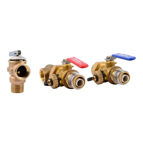Three Quarter Inch Push To Connect Tankless Water Heater Valves Installation Kit with brass body and color-coded handles