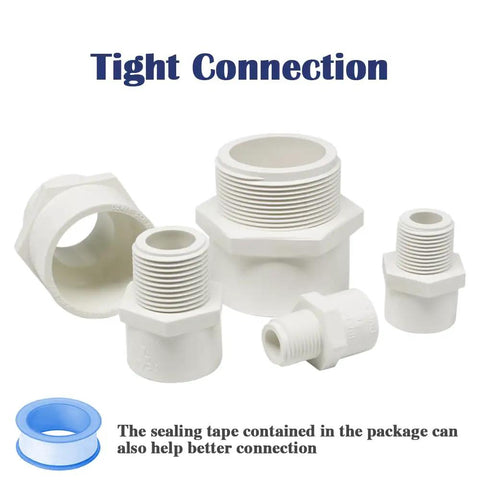 Two Pack One And One Half Inch Male Thread PVC Fittings Two Way PVC Pipe Coupling Adapters Schedule Forty White Includes Teflon Tape