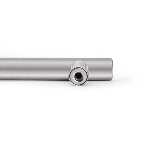 Close-up of brushed nickel Euro T-bar handle from 30 Pack 3 Inch Hole Centers Kitchen Cabinet Handles in stainless steel, 5 inch total length.
