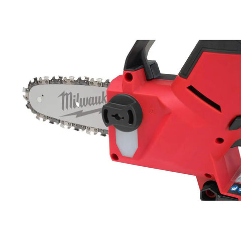 Close-up of the M12 Fuel Pruning Saw Kit With A 6 Inch Blade Cordless 12V Power in red and black showing the blade and body.