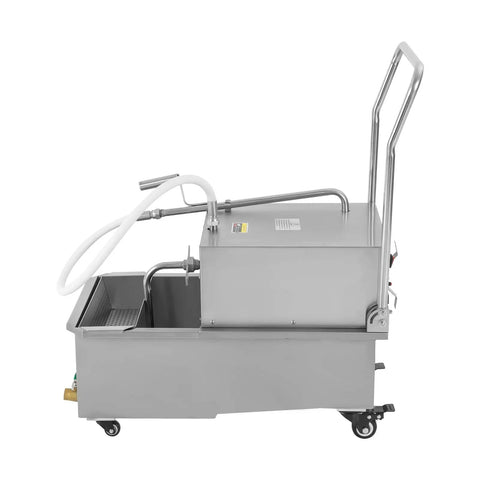 Built Tough Pro Grade 55L Deep Fryer Oil Filter Machine With Rugged Stainless Pump side view showcasing stainless steel body and drainage system.