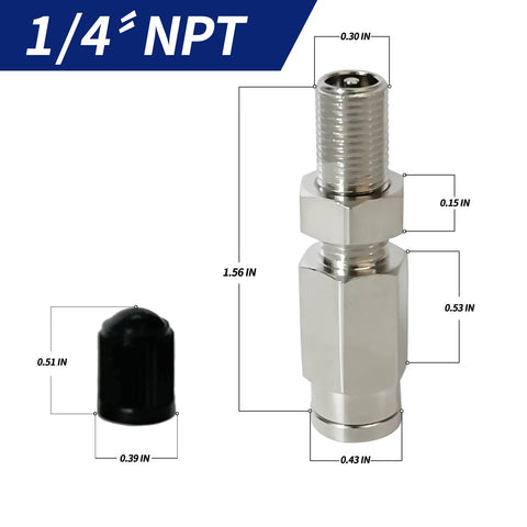 Inflation Schrader valve with push-to-connect for 1/4 inch OD air line tubing; metal valve with hex nut, 2-pack