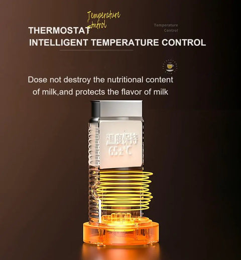 Image of a thermostat with intelligent temperature control feature in a milk frother, ensuring nutrient and flavor protection at 63°C.