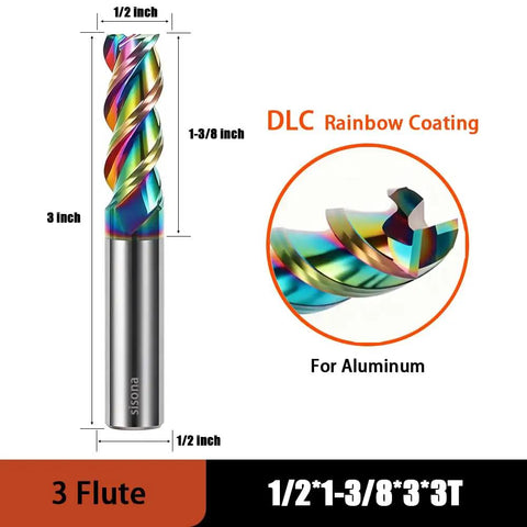 Carbide Square End Mill For Aluminum With Half Inch Diameter And Shank, 3 Inch Overall Length, 3 Flutes, Heavy Duty Design, DLC Rainbow Coating.