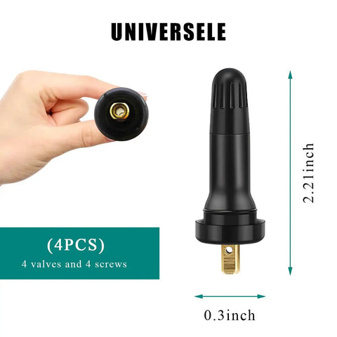 Four Pack TPMS 20008 Tire Valve Stems With Rubber Airtight Seal For Pressure Sensors Snap In Tubeless Replacement Fits Most Standard Auto Tires Car Accessories, showing hand holding one stem and dimensions