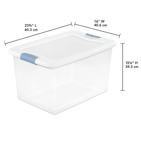 64 Quart Clear Latching Storage Boxes 4 Pack With White Lids Heavy Duty Stackable Plastic Bins showing dimensions