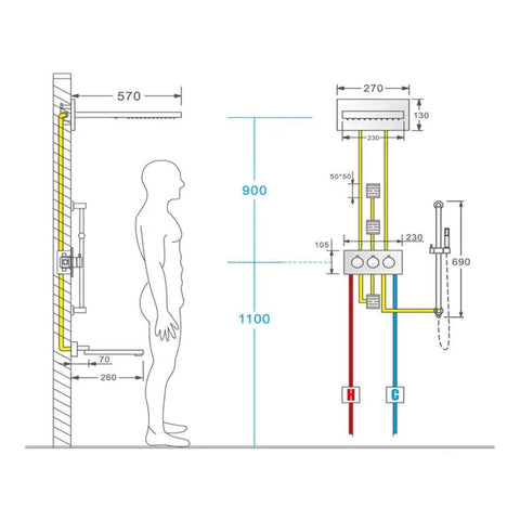 Technical diagram of Heavy Hitter Full Copper Concealed Shower Kit With Four Function Waterfall Wall Mounted Top Spray and Pressurized Handheld.