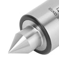 MT1 triple bearing live center tip close-up on metal lathe, hard alloy steel
