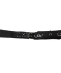 Black adjustable horse training surcingle for ground driving and lunging with secure buckle, fits 180cm to 215cm, sturdy lunge gear