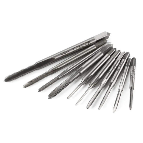 10 Piece Micro Tap Set Metric Thread Taps M1 To M3.5 For Small DIY Projects, Pro Grade Tapping Bits in steel material displayed.