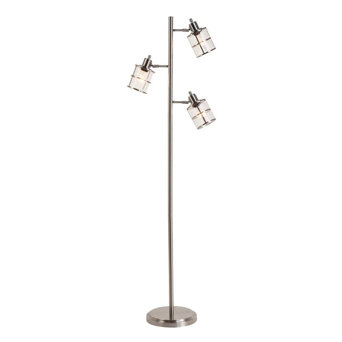 Modern Three Light Floor Lamp With Adjustable Ribbed Glass Shades And Reading Light, 68 Inches Tall, Cool Brushed Nickel Finish