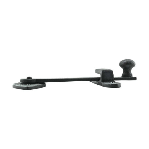 Side view of Black Wrought Iron Gate Flip Latch 4 Inch Tall Decorative Antique Heart Style Medium To Light Duty Door Lock Hardware.