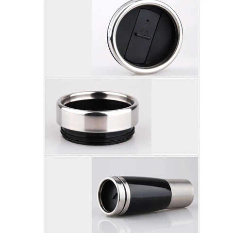 Dashing Portable Car Kettle With Sturdy Stainless Steel Build And 50 Watts Of Steady Heat, showing top and side views of the kettle.