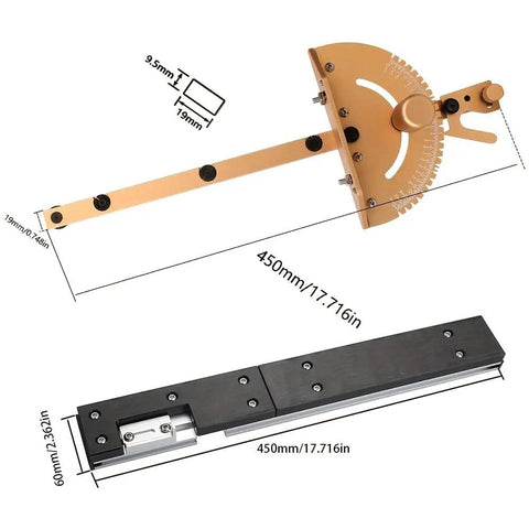 Heavy Duty Aluminum Table Saw Miter Gauge Decked Out With Laser Marked Rulers And Rock Solid Stops, angled view with measurements.