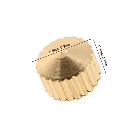 Close-up of a golden metal nut from the 20 Piece Clock Nut Set For Repair And DIY Projects, 0.6cm x 0.4cm with measurements.