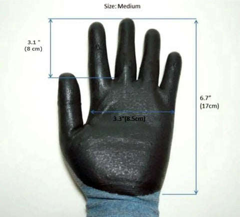 Medium pink nitrile work glove with foam coating and smart touch for phone use, dimensions marked, non slip grip like a pro.