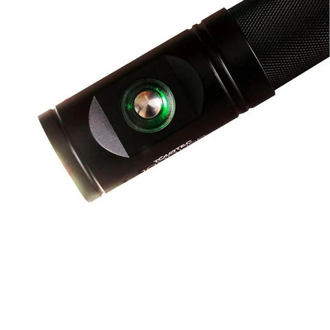 Close-up of 1000 Lumen USB Video Underwater Dive Light for Photography and Video, showing power button on black body