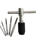 Top Notch 7-Piece Tap And Die Set M3 To M6 With Adjustable T-Handle Ratchet Wrench Kit For Metalworking Pros Who Need Smooth Threading In Tight Spots Without Breaking A Sweat Or Struggling With Chip Clogging, steel taps and T-handle