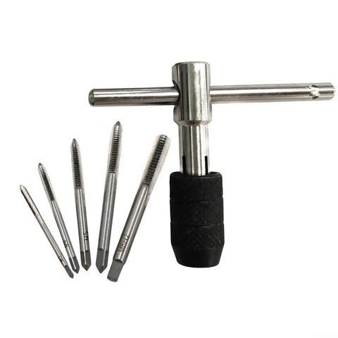 Top Notch 7-Piece Tap And Die Set M3 To M6 With Adjustable T-Handle Ratchet Wrench Kit For Metalworking Pros Who Need Smooth Threading In Tight Spots Without Breaking A Sweat Or Struggling With Chip Clogging, steel taps and T-handle