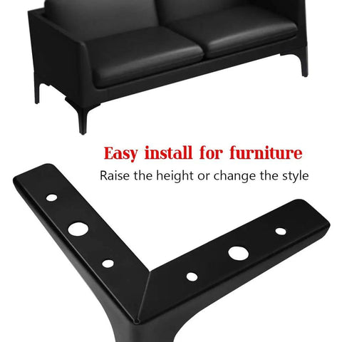Close-up of 4 Inch Black Metal Furniture Feet Heavy Duty Nightstand Legs For Table Cupboard Sofa Couch Chair 4 Pack Anti Slip 300 Lbs Per Leg showing installation under a sofa.