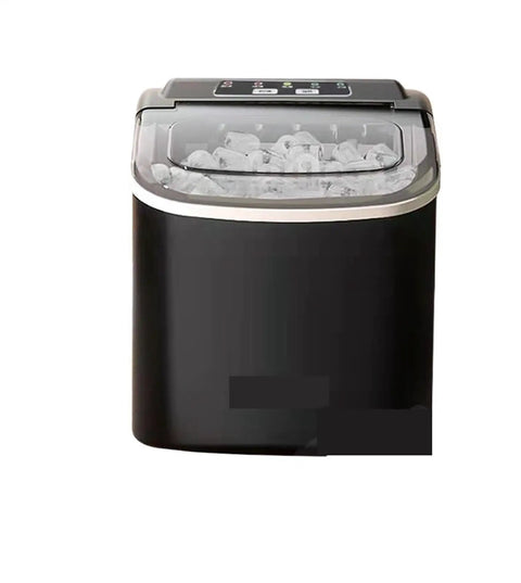 Hassle Free Countertop Ice Maker With Small And Large Cube Options For Campouts Tailgates And Home Bars Delivers Legit Cold Chill On The Fly In A Super Tight Footprint For Party Crews, compact black design with ice cubes visible.